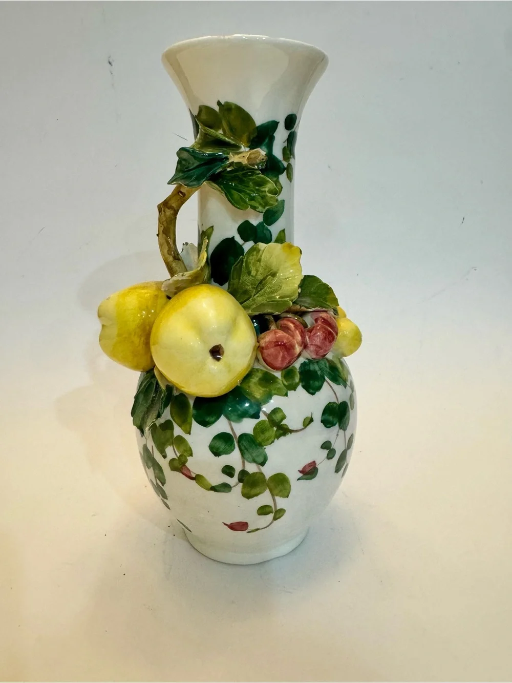 Vintage Italian Barbotine Majolica 3D Fruit Ceramic Vase Hand Painted Italy MCM